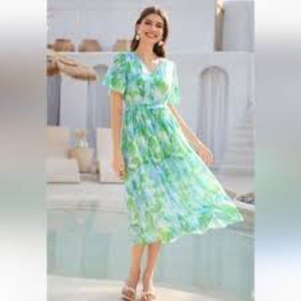 Grace Karin Floral Boho V Neck Midi Dress Cottagecore Garden Large L Romantic